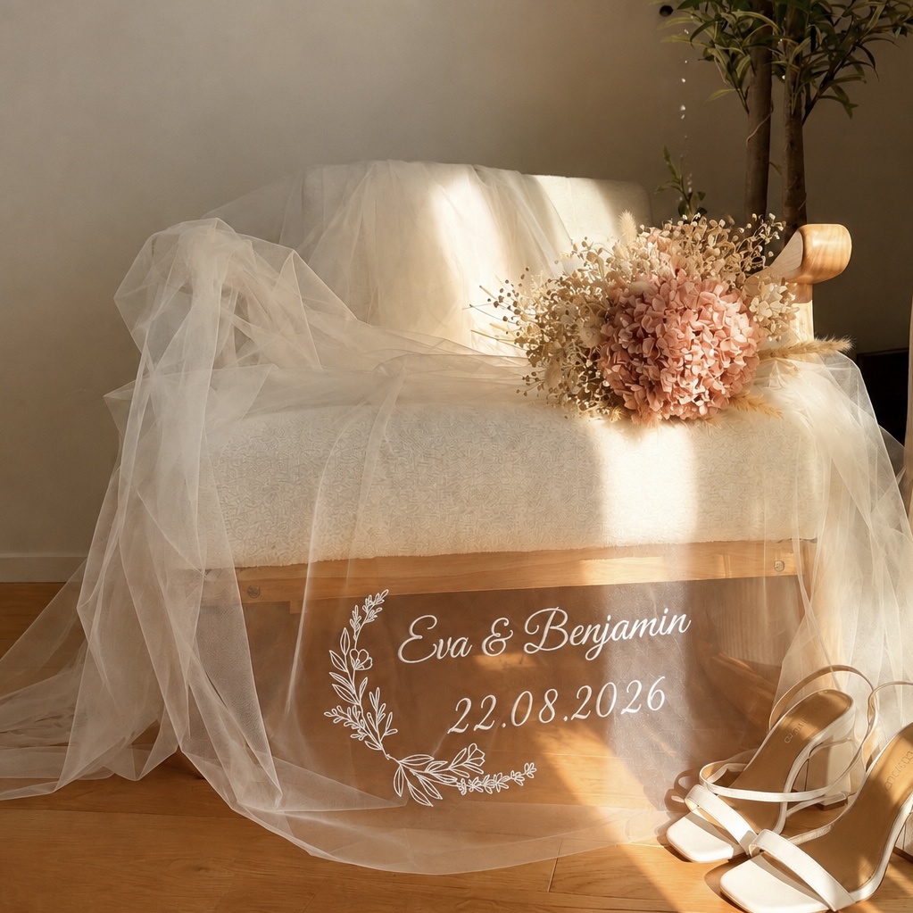 Voile de mariée personnalisé posé sur un fauteuil avec un bouquet de fleurs séchées et une paire de talons blancs
